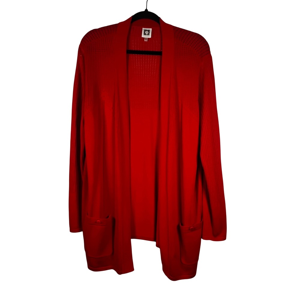 Anne Klein Cardigan Women Red Pointelle Knit Open Front‎ Size XL